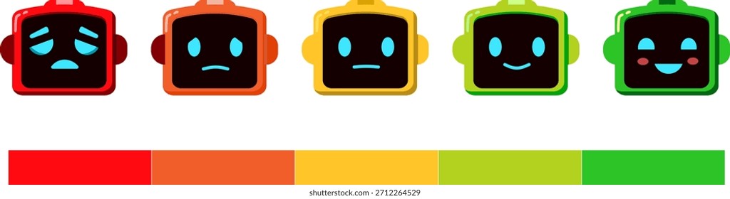 Ícone de robô Emoji mostrando barra de status diferente, com raiva, normal, feliz. Vetor.