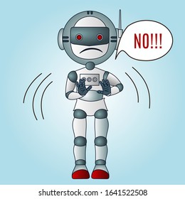 Emoji with a robot who shows a gesture with his hands and says No, simple hand drawn emoticon
