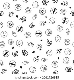 emoji rock seamless pattern on a white background. Fun cartoon design with hands and glasses.