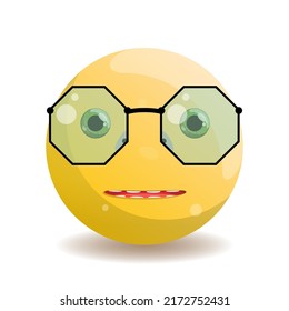 Emoji Round Emoticon With Yellow Gradient, Green Eyes And Octagonal Glasses With Black Frame.