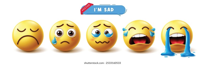 Emoji triste juego de Vectores de personajes en 3d. Los emoticonos de emojis en infeliz, llanto, tristeza, arrepentimiento y miserable se enfrentan a la colección de íconos de las redes sociales. Ilustración vectorial triste colección de emoticono amarillo.
