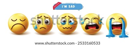 Emoji sad 3d characters vector set. Emojis emoticons in unhappy, crying, sorrow, regret, and miserable face social media icon collection. Vector illustration sad yellow emoticon collection.
