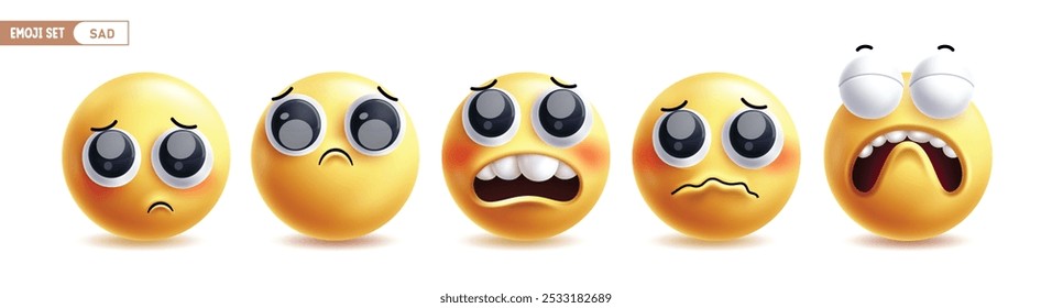 Emoji sagte Zeichen Vektor-Set. Emojis unglücklich, Trauer, Bedauern, deprimieren und weinen Emoticon Charakter Gesichtsausdruck Sammlung auf weißem Hintergrund. Vektorgrafik trauriges gelbes Emoticon 