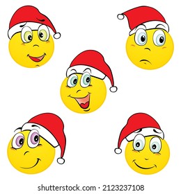 Emoji and sad New Year hat icon set. Vector illustration