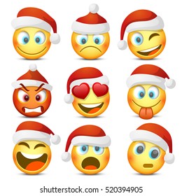 Emoji and sad New Year hat icon set. Vector illustration