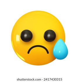 Emoji Sad but Relieved Face a drop of tears on the cheeks . Emotion 3d cartoon icon. Yellow round emoticon. Vector illustration