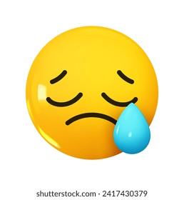 Emoji Sad but Relieved Face a drop of tears on the cheeks . Emotion 3d cartoon icon. Yellow round emoticon. Vector illustration