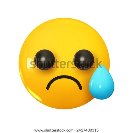 Emoji Sad but Relieved Face a drop of tears on the cheeks . Emotion 3d cartoon icon. Yellow round emoticon. Vector illustration