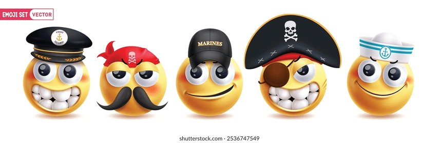 Emoji Segler Emoticon Zeichen Vektor Set. Emojis Emoticon Meer Mann Charaktere wie Küstenwache, Banditen, Seefahrer, Piraten und Seeleute mit Gesichtsausdrücken und Cap Elemente Sammlung. Vektorgrafik 