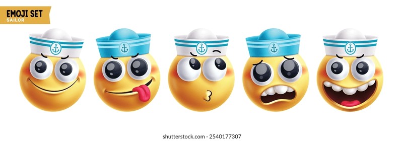 Conjunto de vetores de caracteres emoticon de marinheiro Emoji. Personagem Emojis em feliz, amigável, triste, impertinente, bobo, decepcionado e emoticons tímidos enfrentar 3d rodada marinheiro capitão elementos coleção. Vetor 