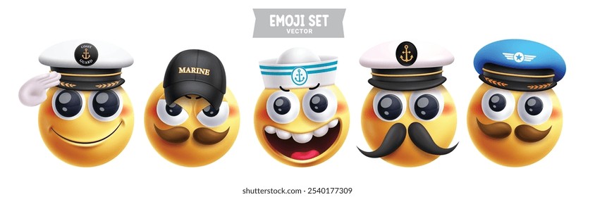 Conjunto de Vector de personajes de emoticonos de marinero de emoji. Personaje de profesionales de emojis como guardacostas, marinos, capitanes, marineros y cruceros con sombrero de mascota colección de Elementos faciales redondos en 3D. Vector 