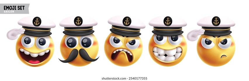 Conjunto de Vector de personajes de emoticonos de marinero de emoji. Personaje de profesionales marinos emojis en feliz, enojado, saludo, emocionado, ansioso y lindo colección de Elementos faciales redondos en 3D. Ilustración vectorial emojis marinero