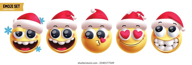 Emoji santa christmas characters vector set. Emojis xmas emoticon character in happy, funny, kiss, in love, smiling and cute face wearing red hat reactions 3d elements collection. Vector illustration 