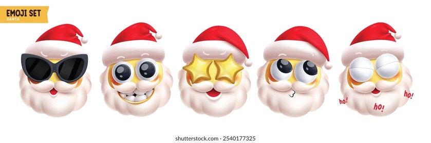 Emoji santa claus christmas characters vector set. Emojis emoticon xmas character in cool, smiling, amaze, funny, happy and cute face wearing red hat and sunglasses 3d elements collection. Vector 