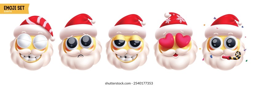 Conjunto de Vector de personajes de Navidad de Santa Claus Emoji. Emojis emoticon personaje de Navidad en divertido, feliz, enamorado, lindo, sonriente, travieso y borracho cara con sombrero rojo y barba Elementos 3d colección. 