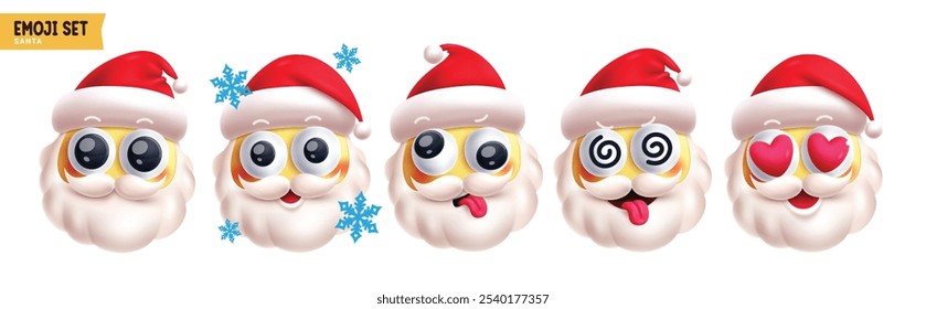 Conjunto de Vector de personajes de Navidad de Santa Claus Emoji. Emojis xmas emoticon personaje en feliz, divertido, enamorado, mareado, sonriente y lindo rostro con sombrero rojo y barba Elementos 3d colección. Vector 