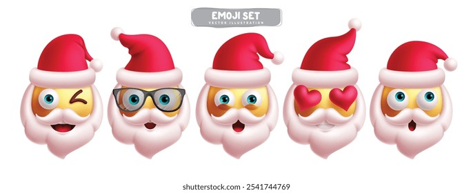 Conjunto de Vector de personajes de Navidad de Santa Claus Emoji. Emojis de santa claus emoticonos de Navidad en guiño, fresco, shock, enamorado y expresión facial preocupada con traje de sombrero rojo en fondo blanco. Vector 