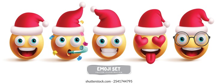 Conjunto de Vector de personajes de Navidad de Santa Claus Emoji. Emojis de Santa Claus con disfraz de sombrero rojo con expresiones faciales felices, sonrientes, enamoradas y nerd. Ilustración vectorial Emojis Santa Claus 