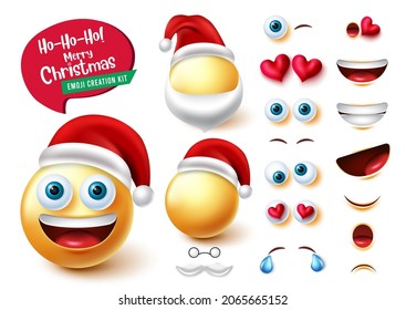 Conjunto vectorial del creador de Emoji santa. El personaje de Emojis santa claus en 3d kit con expresión facial graciosa y tierna para la creación de personajes navideños. Ilustración vectorial.
