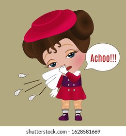 emoji says achoo, sneezes his snots or blows his nose using a handkerchief, facial expression vector illustration, hand drawn girl emoticon, funny cartoon character