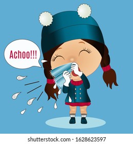 emoji says achoo, sneezes his snots or blows his nose using a handkerchief, facial expression vector illustration, hand drawn girl emoticon, cartoon character
