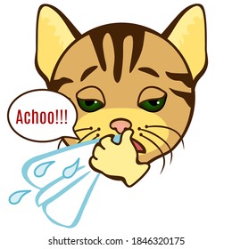 emoji says achoo, sneezes his snots or blows his nose using a handkerchief, facial expression vector illustration, hand drawn cat emoticon, funny cartoon character