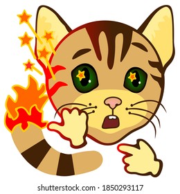 emoji with scared cat with tail flaming and sparkling,  color vector, simplified colorful emoticon on white isolated background