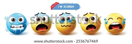 Emoji scared emoticon character vector set. Emojis yellow icon character collection with chill, afraid, nervous, worried and terrified facial expressions in white background. Vector illustration emoji