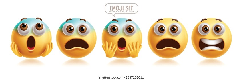 Conjunto de Vectores de personajes de emoticonos asustados de emoji. Emojis emoticonos en la colección de Elementos gráficos de personajes de expresión facial asustados, asustados, conmocionados, congelados, preocupados y sorprendidos. Ilustración vectorial 