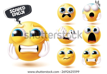 Emoji scared face clipart set. Emojis yellow characters clip art with scared, shocking, afraid, frightened, nervous and worried facial expression collection round emoji symbol vector illustration.
