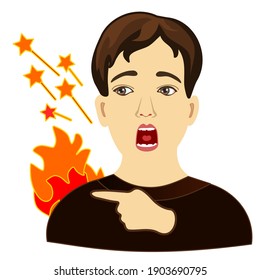 emoji with scared man showing his burning back, color vector, simplified colorful emoticon on white isolated background