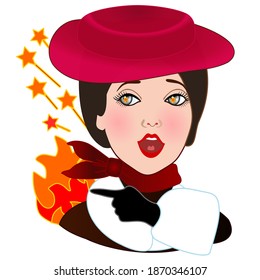 emoji with scared woman pointing her index finger at her flaming and sparkling coat, color vector, simplified colorful emoticon on white isolated background