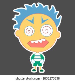 emoji with scary insane man, crazy eyes and crooked teeth, funny cartoon character with simplistic facial expression, simple emoticon, vector illustration