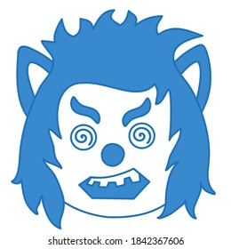 emoji with scary insane wolf face, crazy eyes and crooked teeth, funny cartoon character with simplistic facial expression, simple hand drawn circle shaped emoticon, vector illustration