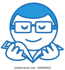 emoji with a school boy or a university student wearing glasses while studying or reading a book, funny cartoon character with simplistic facial expression, simple hand drawn circle shaped emoticon