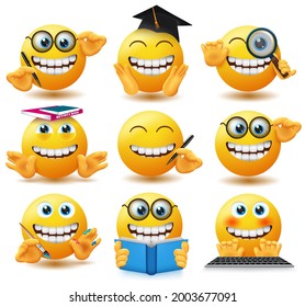 Emoji school student emoticons vector set. Emoticon emojis in happy and jolly expression with educational pose and gestures like studying, painting and reading for students characters collection.