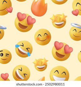 Emoji seamless pattern in 3D style on a background. Set of Emoji with different emotions. Funny cartoon colorful character