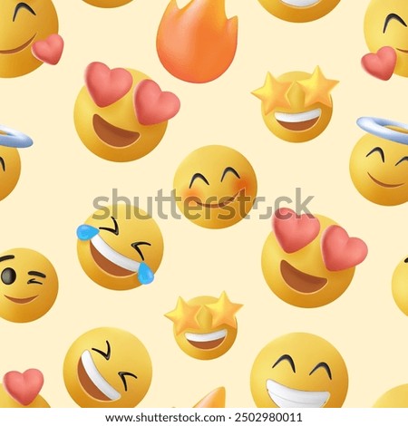 Emoji seamless pattern in 3D style on a background. Set of Emoji with different emotions. Funny cartoon colorful character