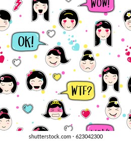 Emoji seamless pattern in asian style with anime emoticons girls. Tillable background for fabric, print, textile, wrapping paper or wallpaper, craft, scrapbook. Cute emoji girls with speech bubbles
