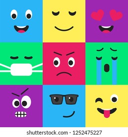 Emoji seamless pattern flat style design set. Funny facial emoticon template from internet.