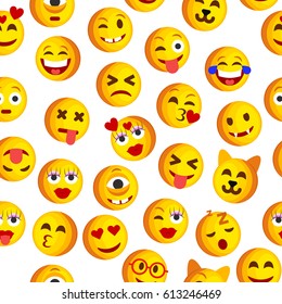 Emoji Seamless Pattern on a White Background. Vector Texture with Emoticons. Illustration