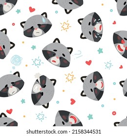 Emoji seamless pattern of raccoons with different emotions. Drawn in cartoon style. Vector illustration for designs, prints and patterns. Isolated on white background