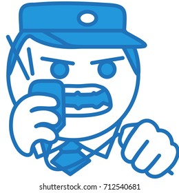 emoji with security or surveillance watchman, train station dispatcher or traffic controller in uniform with cap, white collar shirt and a tie shouting into a loudspeaker while squeezing cord in anger