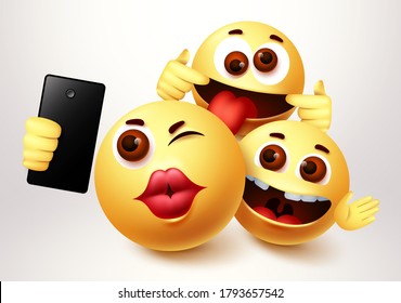 Emoji selfie friends taking groupie vector characters. Emoji of friendship emoticon in happy smiling, funny and kissing facial expression in white background. Vector illustration.
