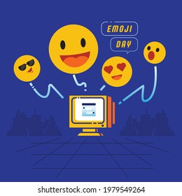 emoji sending from desktop computer vector illustration with smile emoticon,cool,love and wow.