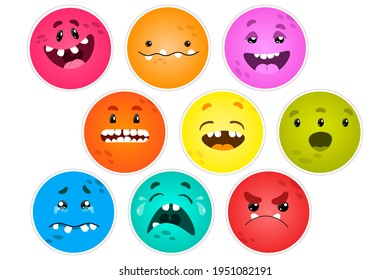 Emoji Set, Cartoon monsters emoticons, cute emotional stickers, mascot vector messages with different feelings - happy, cheerful, angry, sad, nice, surprised, crying, laughing expressions smileys 