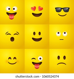 Emoji set - collection of yellow square smiley icons