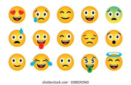 Emoji set. Cute funny emotional icons. Happy emoticons. Smiling faces symbols. Vector illustration.