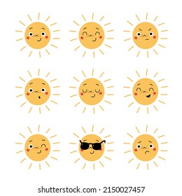 Emoji set of cute sun character with various emotions. Funny cartoon character with different feelings. Vector hand drawn illustration.