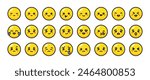 Emoji set. Cute yellow emotional faces. Set of colorful flat icons with different emotions and character. Sad and happy, funny and angry, laughing and crying. Round mood faces. Yellow emoticons. 